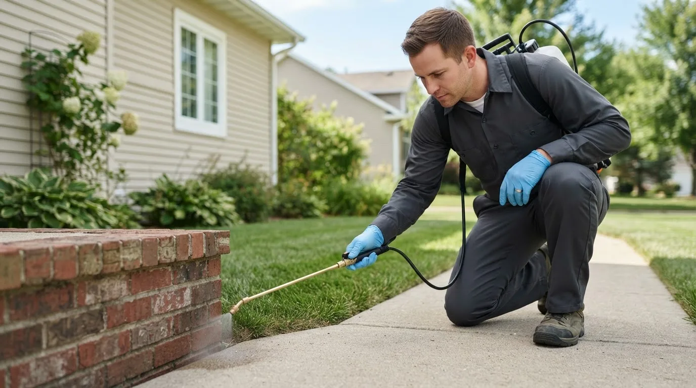 Pest control technician treating a home near Tarlton, OH