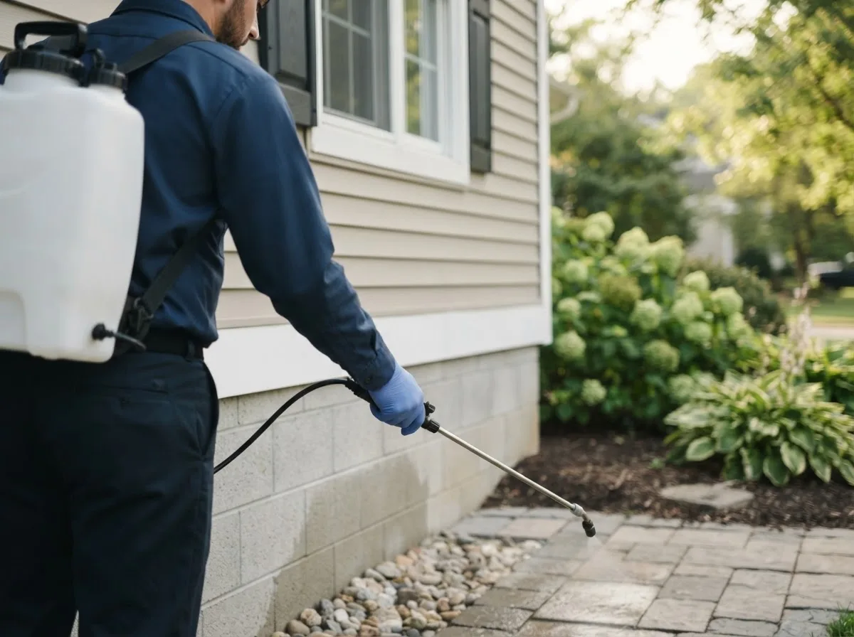 Pest control technician inspecting a home in Tarlton, OH